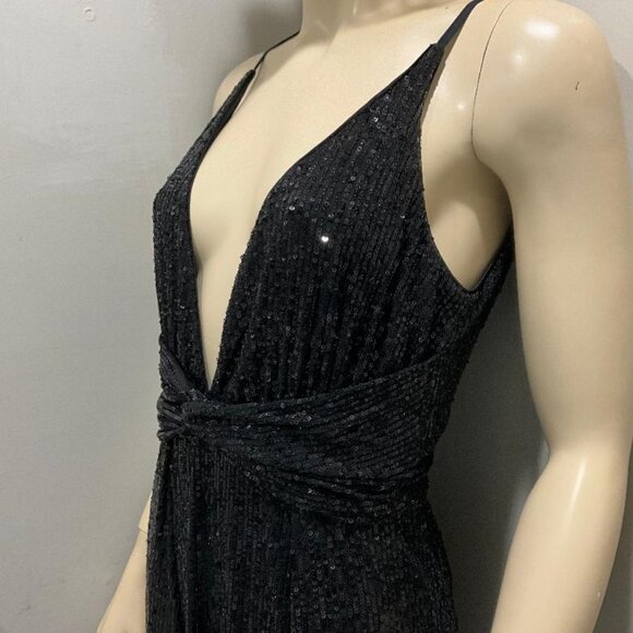 LUXXEL Black Sequin gown, high-slit & sexy deep v-neck front & back NWOT  sz S - Picture 5 of 11